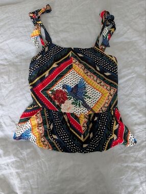 NWT Farm Rio for Anthropologie Toucan Scarves Peplum Top XS Red Yellow Blue